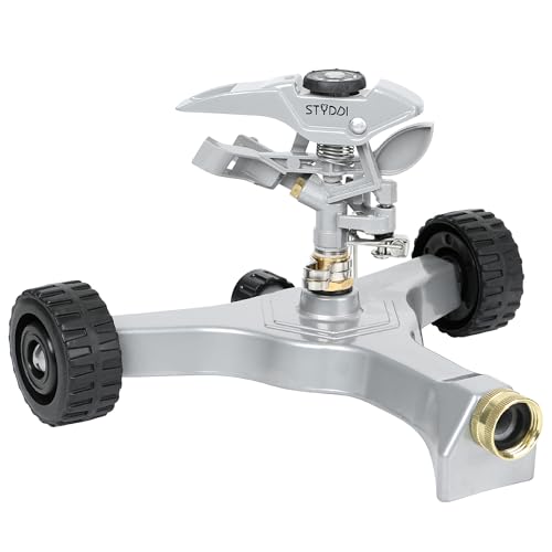STYDDI Metal Pulsating Sprinkler on in-Series Metal Wheeled Base, Adjustable Circular Water Sprinkler for Medium to Large Circular Lawn, Yard, Garden and Large Areas, Coverage up to 6,360 Sq. ft - size: Metal Wheeled Base