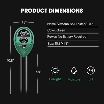 VIVOSUN Plant Soil Moisture Meter, 3-in-1 pH Tester, Indoor & Outdoor Use - size: Soil Tester