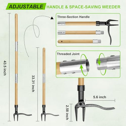 Stand Up Weed Puller Tool, Real Bamboo Long Handle 4-Claw Steel Head Weeder - size: 45-IN