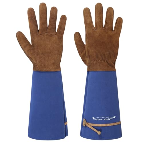 HANDLANDY HLDD Long Gardening Gloves for Women Men - Leather Rose Pruning Gloves Thorn Proof - Breathable Working Glove - color: Brown-blue, size: Large