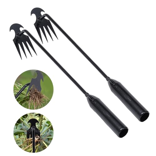 Garden Weed Pulling Tool Uprooting Weeding Tool, 4 Teeth Weed Puller Tool Manganese Steel Garden Weeder Tool for Vegetable Gardening Planting (Black, 2 Pack, 16 inches)