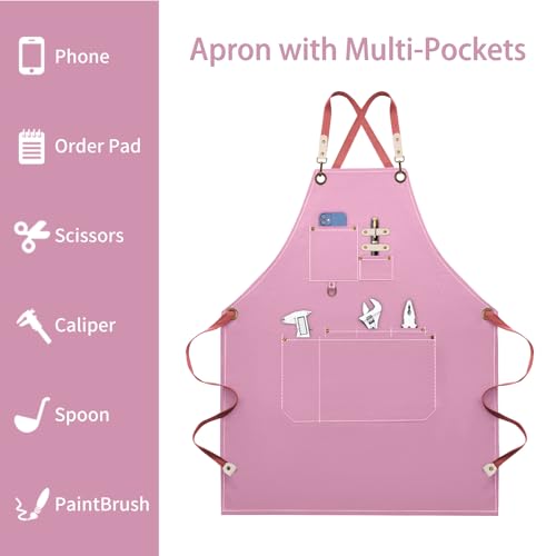 Dulabi Apron, Adjustable Chef Apron for Women and Men with Large Pockets, Cooking Kitchen Apron with Back Straps - color: Pink