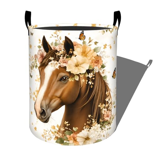 Horse Flower Laundry Basket, Floral Animal Storage Hamper, Round Collapsible Waterproof Cloth Bin, 19.7x15.7 Inch Rustic Watercolor Clothes Organizer Gifts for Bathroom Decor - color: Horse 01