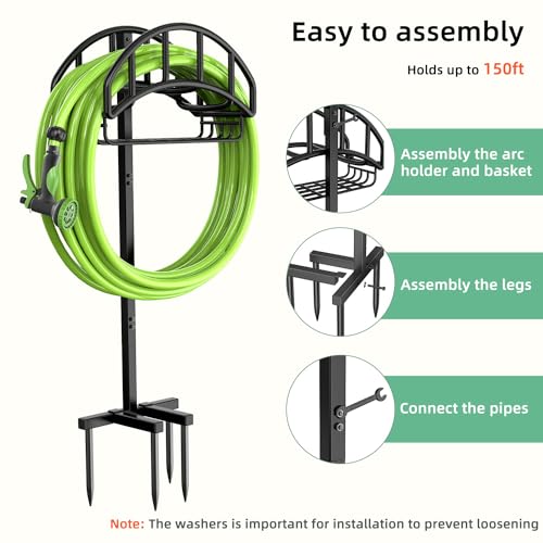 Garden Hose Holder - Upgraded Metal Reel With Tool Storage Basket | Heavy Duty Freestanding Water Hose Holder Holds 150ft, Detachable Storage Hanger for Outside - size: Arch Basket