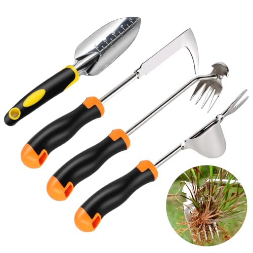 4 Pack Stainless Steel Weed Puller Tool Set, Manual Weeding Tools with Silicone Handle, Heavy Duty Garden Hand Tools for Dandelion Removal, Crack Weeder, Lawn Care, Patio, Driveway, Gardening Gifts