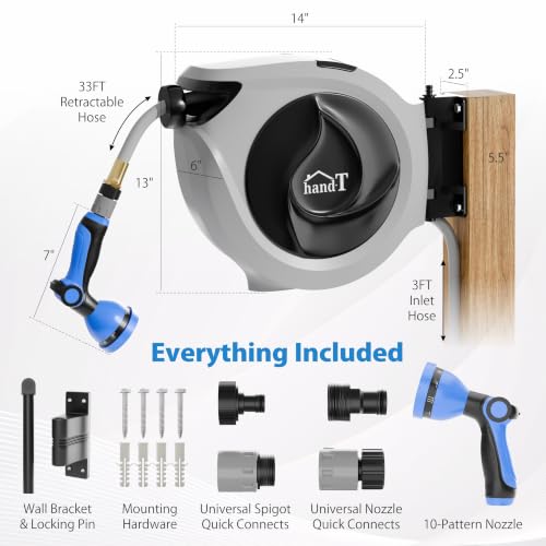 USA Based Retractable Garden Hose Reel, 1/2 in x 50 ft Quick Connect 10-Pattern Sprayer, Wall Mounted Auto Self Retracting Water Hose Reels, UV Resistant Automatic Rewind 180° Mount | Gray - size: 1/2" 50FT