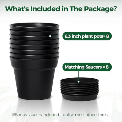 T4U Plant Pots Indoor 6 Inch 8 Pack, Plastic Flower Pots with Saucer Black - color: Black, size: 6 inch