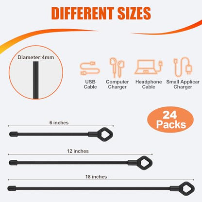 HOMEE 24Pcs Reusable Silicone Cable Twist Ties with Holes 6, 12, 18 inch - color: Black, size: 6"+12"+18" - 24 PCS