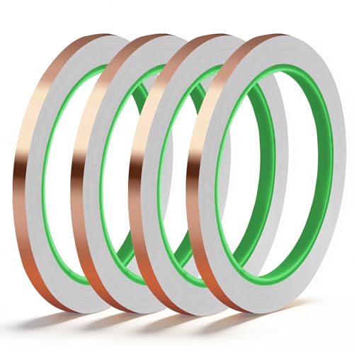 Rindion 4 Pack Copper Tape, 1/4inch X 196.8FT Double-Sided Conductive Copper Foil Tape, Copper Tape Conductive Adhesive for EMI Shielding, Electrical Repairs, Guitars, Grounding, Craft Decorations
