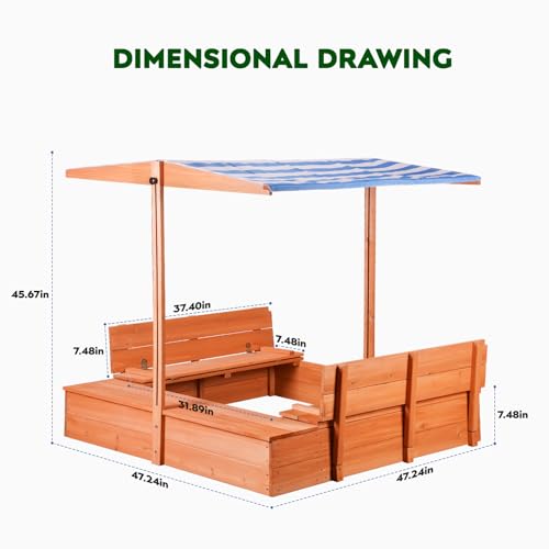 Kids Sandbox with Lid and Canopy, 47" Wooden Sand Box for Kids Ages 3-8
