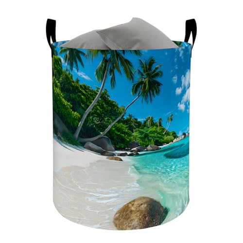 Tropical Beach Scene Laundry Basket, Island Ocean Decorative Gifts Storage Hamper, Waterproof Oxford Cloth Collapsible Bin, 19.7 * 15.7 Inch Coastal Vacation Clothes Organizer for Home - color: Beach