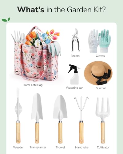 Grenebo 10-Piece Gardening Tool Set with Floral Bag, Pink White - color: Pink White