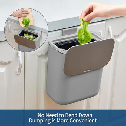 2.4 Gal/9L Hanging Trash Can, Stainless Steel Compost Bin with Lid & Hook, Small Garbage Can for Kitchen Counter, Bathroom Sink, Office Desk, Space-Saving Rubbish Bin - Grey - size: 2.4 Gallon / 9 Liter