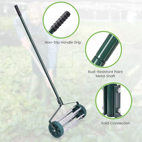 GYMAX Lawn Aerator, 17inch Heavy Duty Rolling Aerator with Sharp Spikes & Anti-Slip Handle, Push Grass Aerator for Lawn, Garden, Yard, Manual Aerator Tool (Basic) - style: Basic