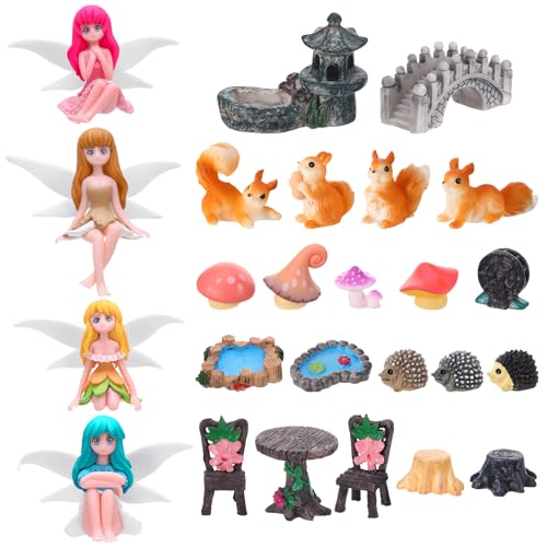 Fairy Garden Accessories 25Pcs - Miniature Garden Ornaments Landscape Decorations Mini Fairy Figures Animal Plant Furniture Set for DIY Terrarium Potted Plants Dollhouse Decor - color: Pink
