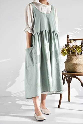 Japanese Cotton Cross Back Pinafore Apron for Women with Pockets Turquoise - color: 01 - Turquoise Without Waist Ties