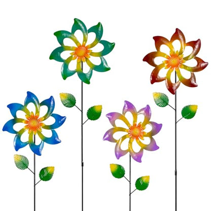 4 Pack Wind Spinners Outdoor, Colorful Metal Flower Windmill - size: 4 Pack-27x7