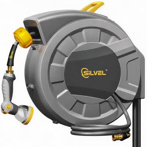 SILVEL Automatic Retractable Garden Hose Reel on Metal Spike, 1/2 in x 90FT Ground Mounted Outside, UV Resistant with 10 Pattern Nozzle, 360° Swivel, No Holes in Your House, Easy Installation, Yellow - color: Dark Grey, size: 1/2"×90FT
