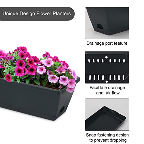 6 Pcs Window Box Planter, 17" Rectangular Planter Box with Saucers, Black - size: 6 Pack / 17inch Dark Gray