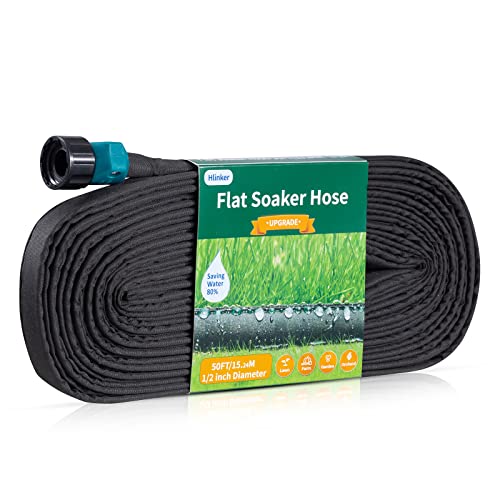 Hlinker Flat Soaker Hose 50 FT for Garden Beds, 50Ft 1/2" Linkable Consistent Drip Irrigation Hose Save 80% Water, Leakproof Heavy Duty Double Layer Sprinkler Hose - size: 50FT