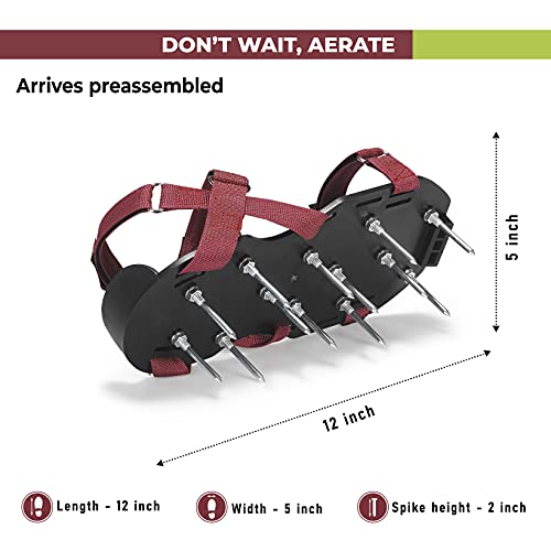 Lawn Aerator Shoes with Hook-and-Loop Straps, Pre-Assembled, Fully Adjustable, One-Size-Fits-All – Lawn and Garden Tool Reduces Thatch, Revives Soil Health (Maroon)