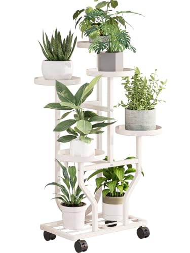 Plant Stand with Wheels, White 5 Tier Metal Plant Shelf for Indoor Outdoor - color: White, size: 5 Tier