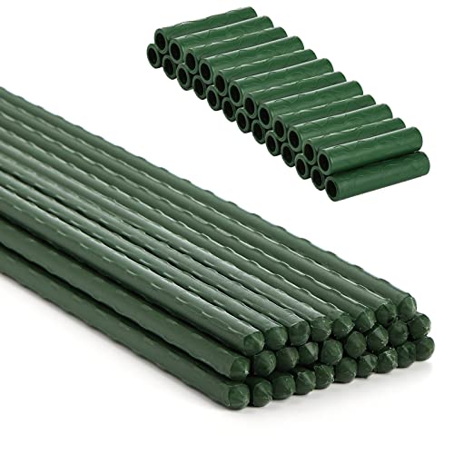 Frcctre 50 Pack 16 Inches Garden Stakes with 25 Connectors, Connectable Plant Support Stakes Plastic Coated Metal Tomato Sticks Plant Climbing Support for Tomatoes, Cucumber, Beans, Potted Plants