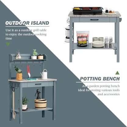 HOLTICO Potting Bench with Storage Drawer, Blue-Gray