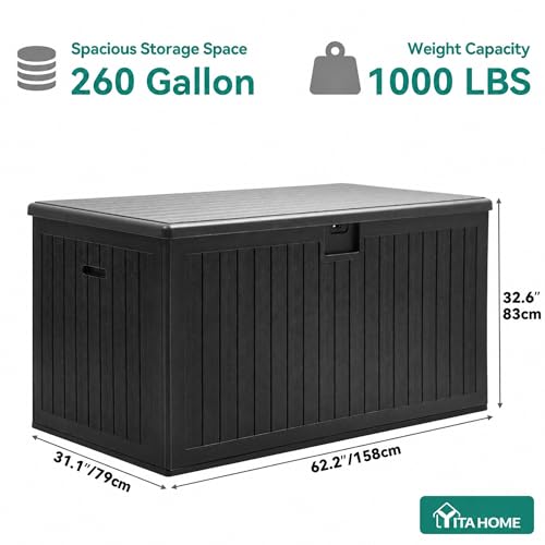 YITAHOME 260 Gallon Large Deck Box with Divider & Side Handles - color: Black, size: 260 Gallon