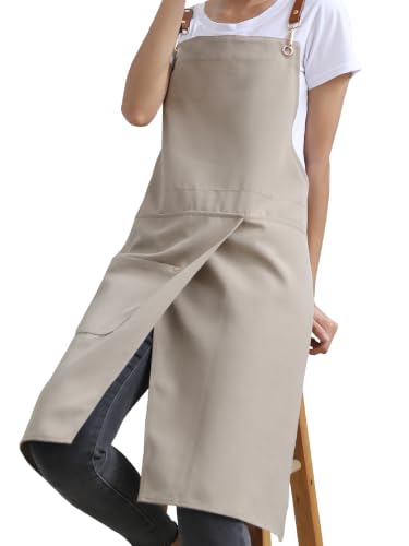 KITCHIEF Pottery Apron Split Leg,Cross Back Chef Apron with Pockets,Painting Apron with Adjustable Straps for Cooking,Baking,BBQ,Ceramic,Gardening(Khaki) - color: Khaki