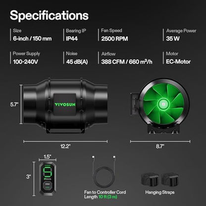 VIVOSUN G6 6" Inline Fan &Cycle Mode Speed Controller, 388 CFM Aerozesh Fan - color: Black Basic, size: 6"