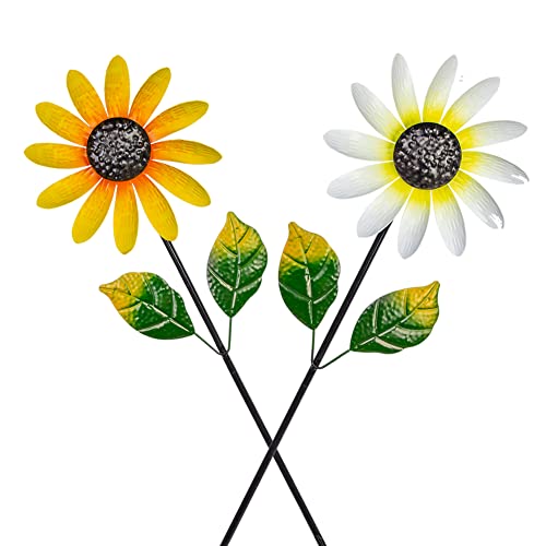 2 Pack Garden Wind Spinners,Wind Sculptures Windmill Flower Pinwheel - color: White-yellow