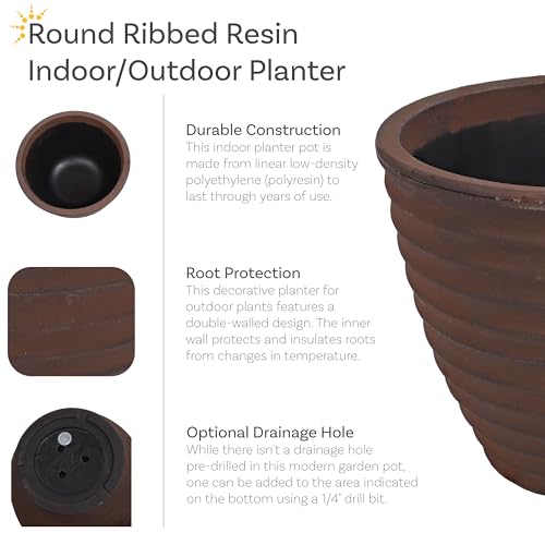Sunnydaze Ribbed 13-Inch Double-Walled Outdoor Plant Pot - Rust - size: 13 in