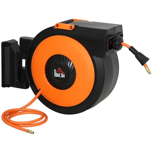HOMCOM Retractable Air Hose Reel Auto Rewind 3/8 in x 82 ft Black & Orange - size: 20.1" x 9.8" x 16.5"