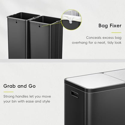 EKO EcoCasa Plus 2 x 10.6 Gal (2 x 40 L) Dual Trash Can for Kitchen, Large Stainless Steel Step-On Garbage Can, Trash and Recycle Bin Combo with Soft-Close Lids, Removable Buckets, Matte Black - color: Matte Black, size: 40L+40L