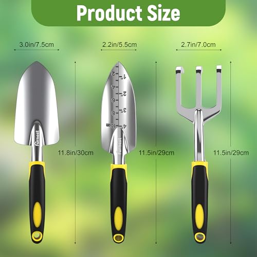 Garden Tool Set, 3 Pack Aluminum Heavy Gardening Kit Including Hand Shovel, Transplant Shovel and Hand Rake for Planting, Digging, Weeding - color: Yellow
