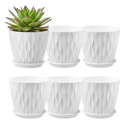 FaithLand 6-Pack 6-Inch Plastic Plant Pots with Saucers | Thickened PP Material, Modern Wave Texture, Enhanced Drainage for Indoor/Outdoor Garden Plants | White Value Set - color: White