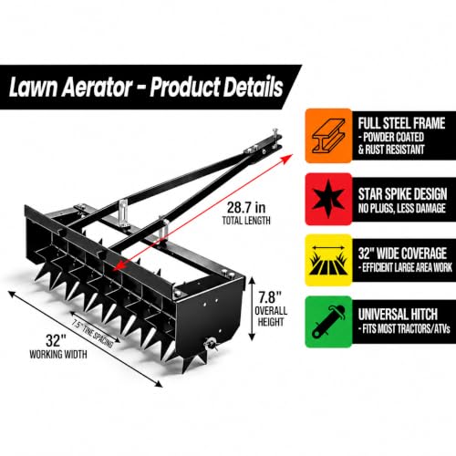8 Pin Lawn Aerator, 32" Tow Behind Spike Aerators