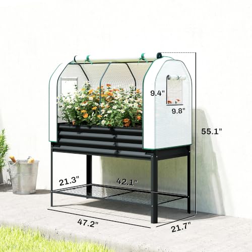 Outsunny Galvanised Raised Garden Bed with Greenhouse Cover, Black - color: Black