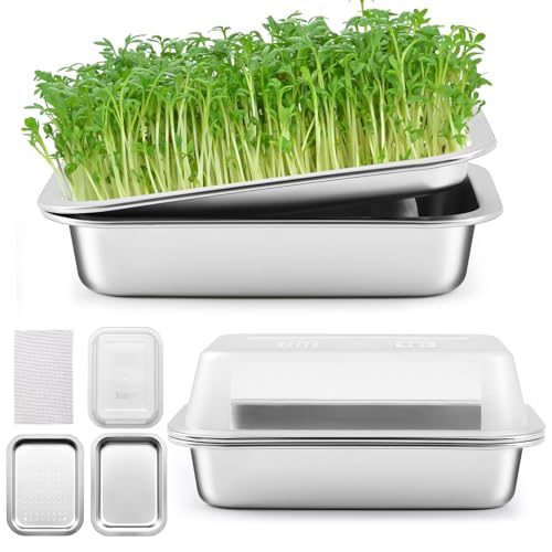 1 Pack Seed Sprouting Kit with Lid, 10.4 Inch Stainless Steel Soilless Culture Germination Tray, Microgreens Growing Kit, Encrypted Mesh Seed Starter Tray for Beans Alfalfa Broccoli Wheat Grass
