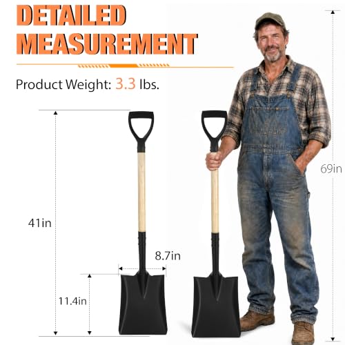 41-Inch Square Point Transfer Shovel, Wooden Handle with D-Grip & Alloy Steel Flat Head Spade Shovel, Ideal for Landscaping, Digging, Soil Moving, Cleanup Job & Yard Projects