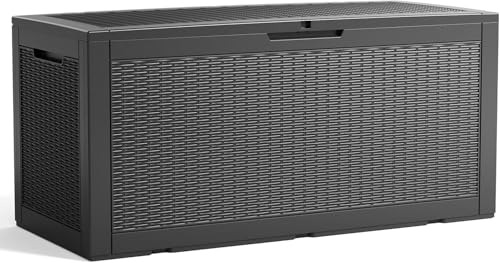 Vixzen 120 Gallon Deck Boxes Outdoor Waterproof, Resin Lockable Storage Box for Patio Cushions Storage Furniture, Garden Tools, Pool Supplies, Weatherproof and UV Resistant (Black, 120 Gallon) - color: Black, size: 120 Gallon