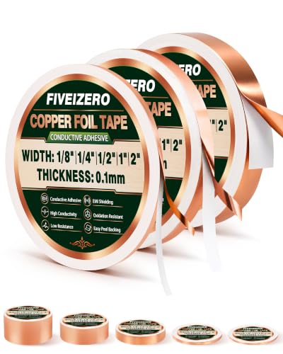 FIVEIZERO Copper Foil Tape 3 Pack, 1/8, 1/4 & 1/2 Inch x 33FT - size: 1/2"+1/4"+1/8" × 33ft (3 Pack)