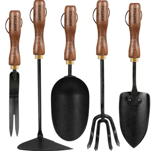 ROYTOA Garden Tool Set, 5PCS Gardening Tools, Stainless Steel Heavy Duty Hand Cultivator, Hoes, Shovel, Trowel and Weeder with Ergonomic Walnut Handle, Gardening Gifts for Women