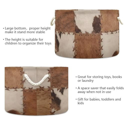 Brown Cow Fur Print Round Storage Basket Collapsible with Handle - color: Brown white