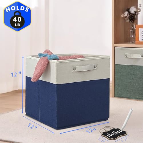 12x12 Collapsible Fabric Storage Cubes, Set of 4, White Blue, Linen Cardboard, 40 lbs Capacity, Kallax Compatible - color: white & blue-4pack, size: 12''x12''x12''
