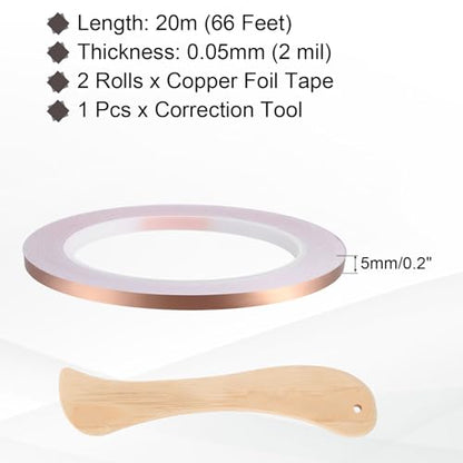 2pcs Copper Foil Tape 0.2" x66FT Single Conductive Adhesive Tape - size: 0.2 Inch x 66 FT