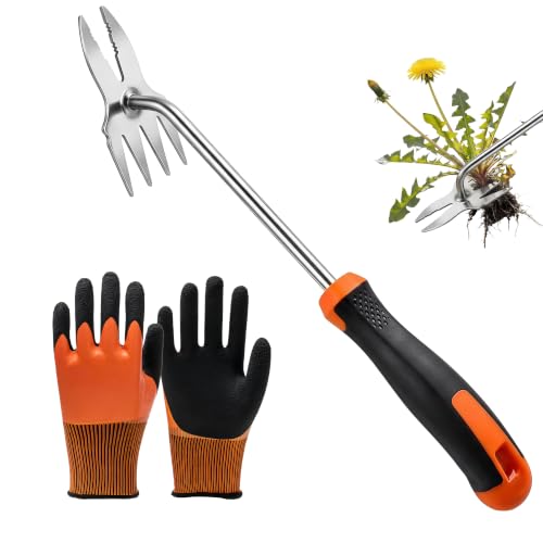 Weed Puller Tool with Gardening Gloves, Hand Weeding Tool Garden Weeder with Stainless Steel Claw & Rubber Handle, Portable Weed Remover for Lawn Yard Vegetable Garden Backyard Farm