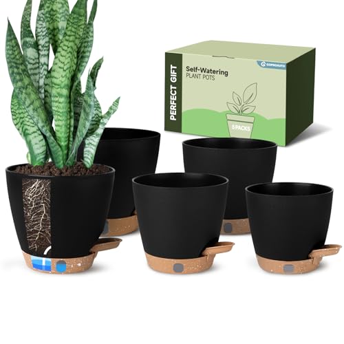 Self Watering Pots for Indoor Plants (5/5.5/6/6.5/8 Inch), Terra Cotta Planters with Water Level Indicator & Drainage,Wicking Pots for Monstera, Herbs & Snake Plant (Black, 5/5.5/6/6.5/8 Inch) - color: Black, size: 5+5.5+6+6.5+8 inch