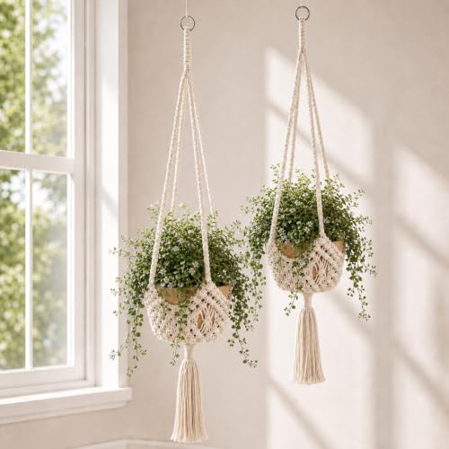 Shappy 2 Pack Boho Macrame Plant Hanger for Indoor - color: White, size: Style D
